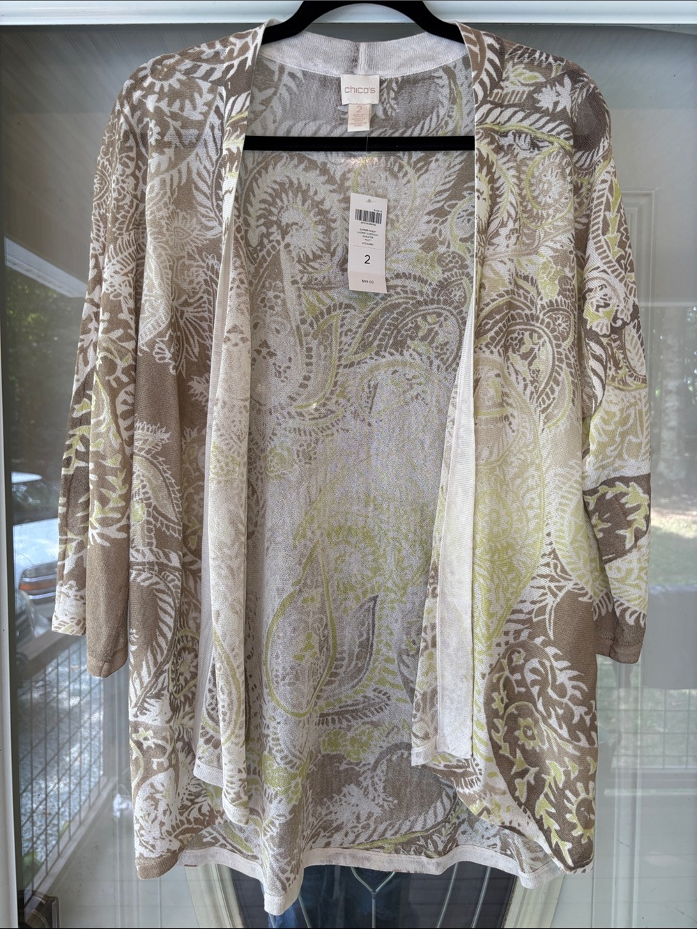 NWT Chico's Taupe, Cream & Lime Paisley Open-Front Cardigan
